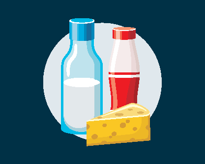 milk and cheese shown, which may cause lactose intolerance symptoms