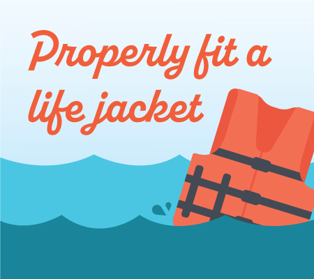 Graphic with orange life jacket in water with text: Properly fit a life jacket