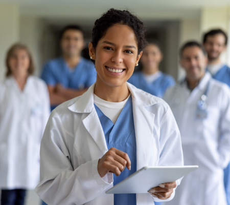 female doctor standing in front of a group of primary care providers representing the difference between MD, DO, NP and PA-C providers