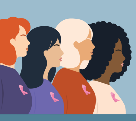 A drawing silhouettes of four women wearing breast cancer awareness ribbons 